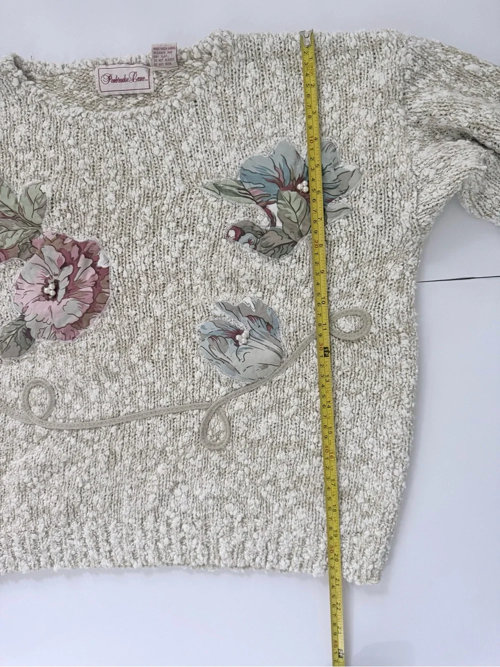 Vintage 80s 90s Penbrooke Lane Floral Appliqué Bouclé Knit Sweater M